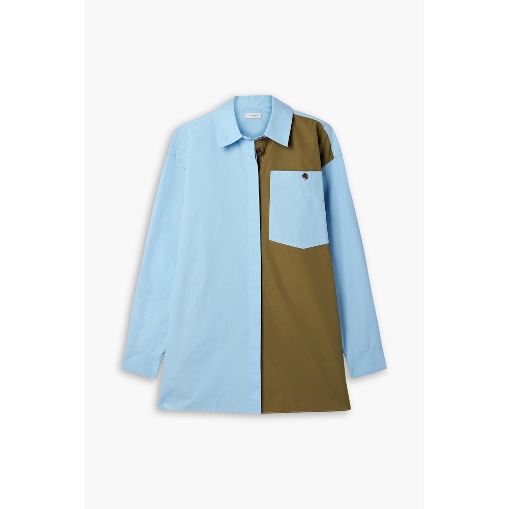 Lafayette 148 New York M/L Colorblock Blue Olive Cotton Oversized Button Shirt